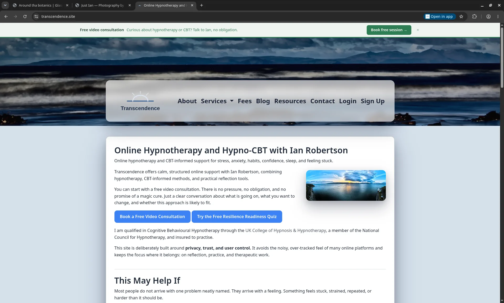 Screenshot of the Transcendence.site homepage